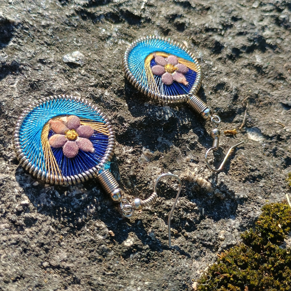 Vintage, handmade Peruvian thread art dangle earrings Fall fashion, gypsy core